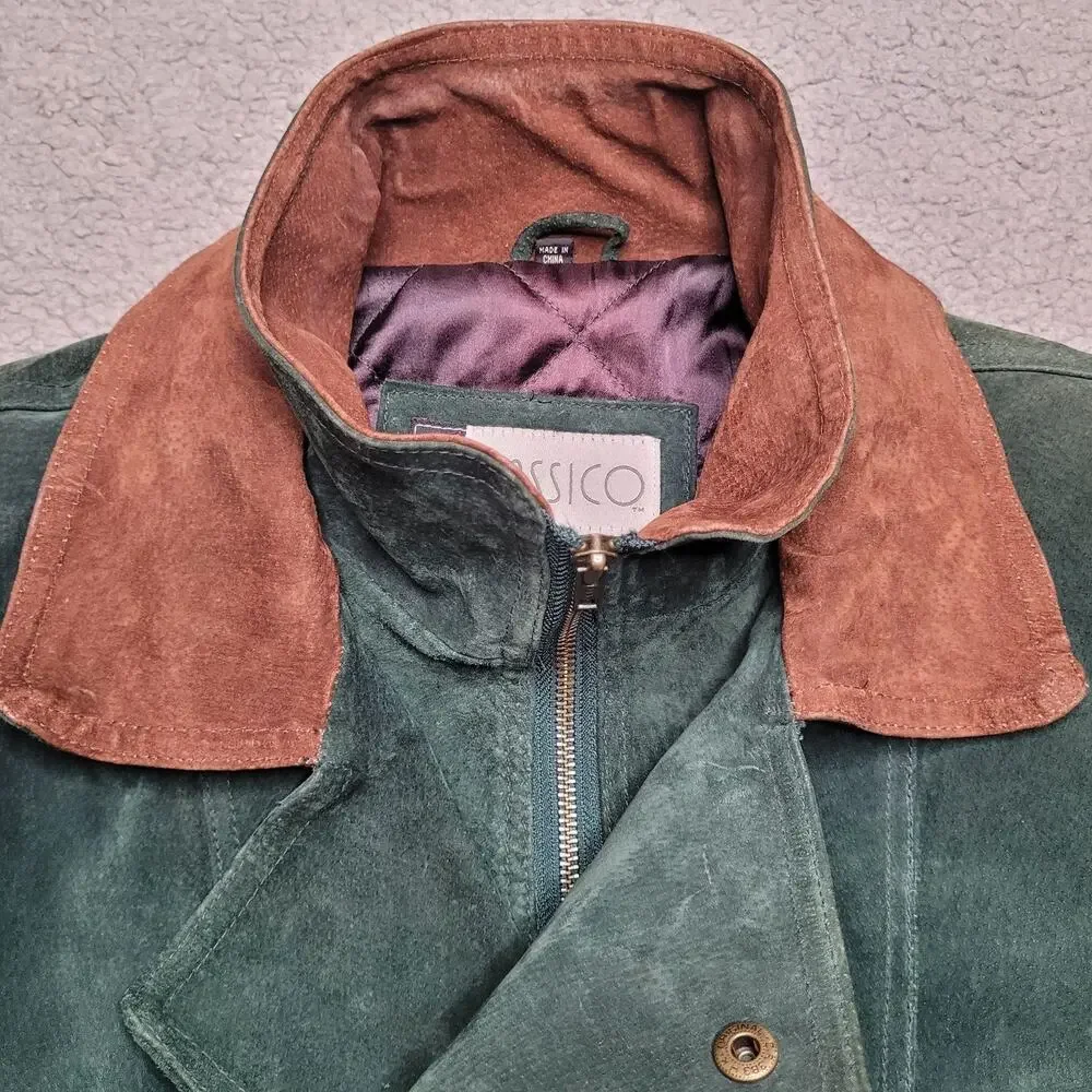 Vintage Green Suede Jacket Men Small Bomber Leather Trim Zip 90s Double Breasted